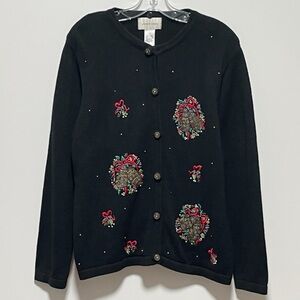 Lemon Grass vintage Black Beaded
Embroidered wreaths Holiday Cardigan Sweater